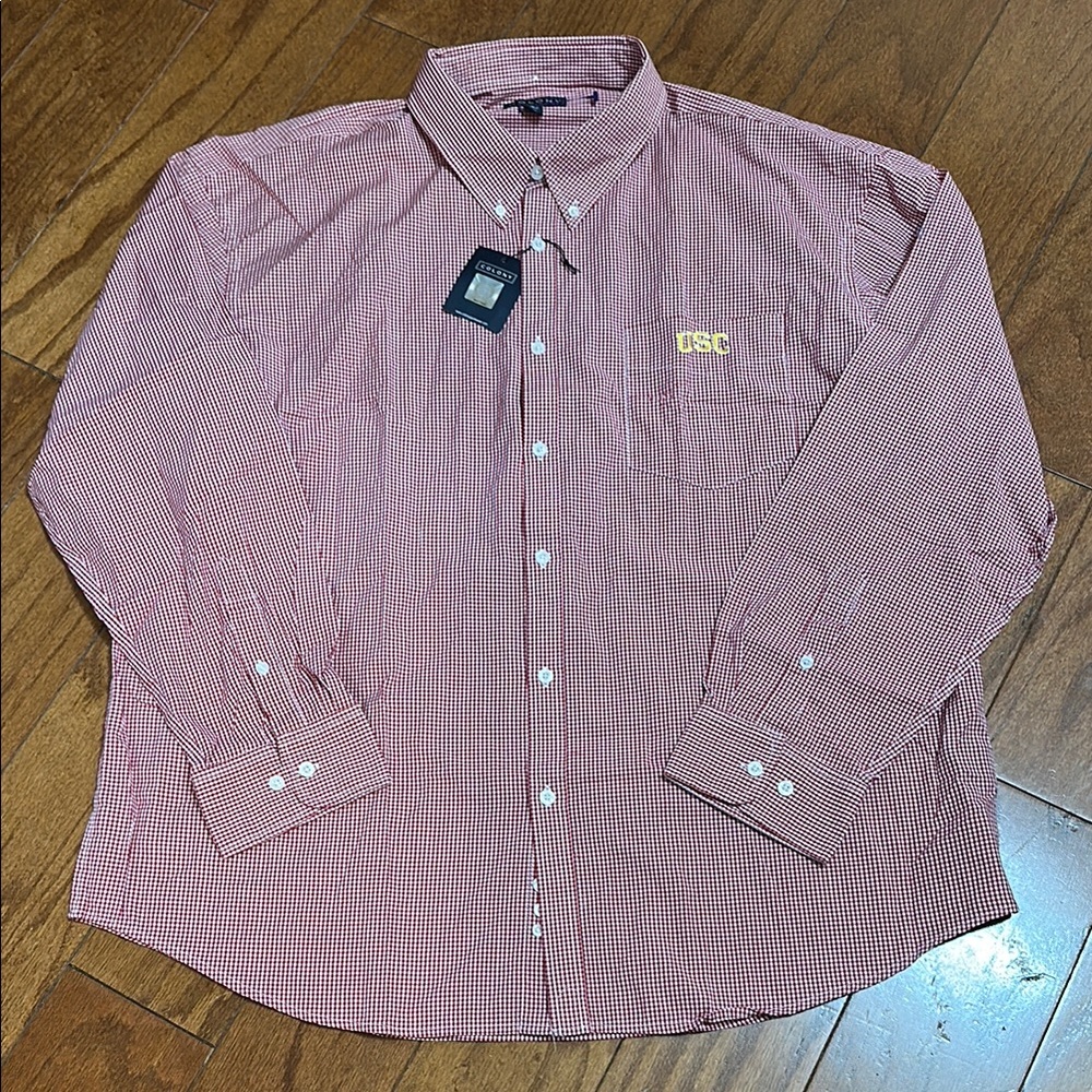 Colony USC Men's Red Checkered gingham long sleeve button down Shirt—please read